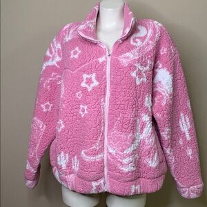 Wrangler Barbie Mattel Pink Fleece white graphic Sherpa Jacket L 💕💗